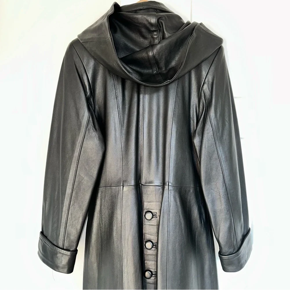 Besikler European Belted Full Length Leather Trench Coat Black size S - Picture 3 of 12